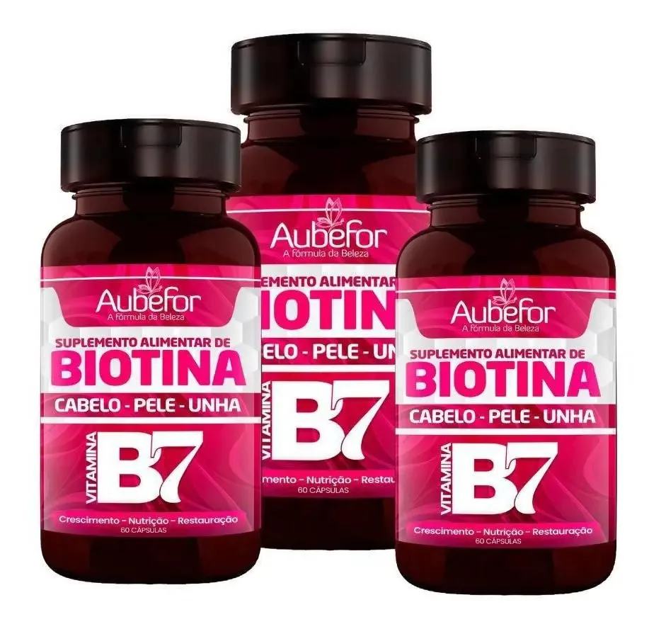 Biotina Aubefor Crescimento Força 3 Potes Cabelo Pele E Unha