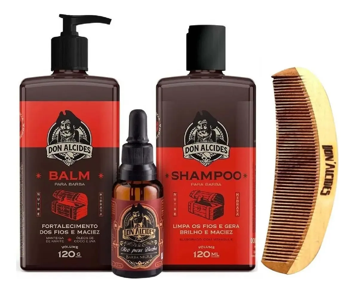 Kit Barba Negra - Balm Shampoo Óleo Pente Curvo Don Alcides