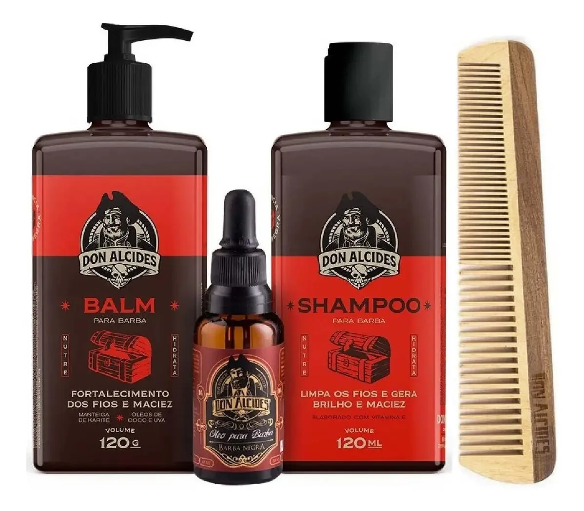Kit Barba Negra - Balm Shampoo Óleo Pente Grande Don Alcides