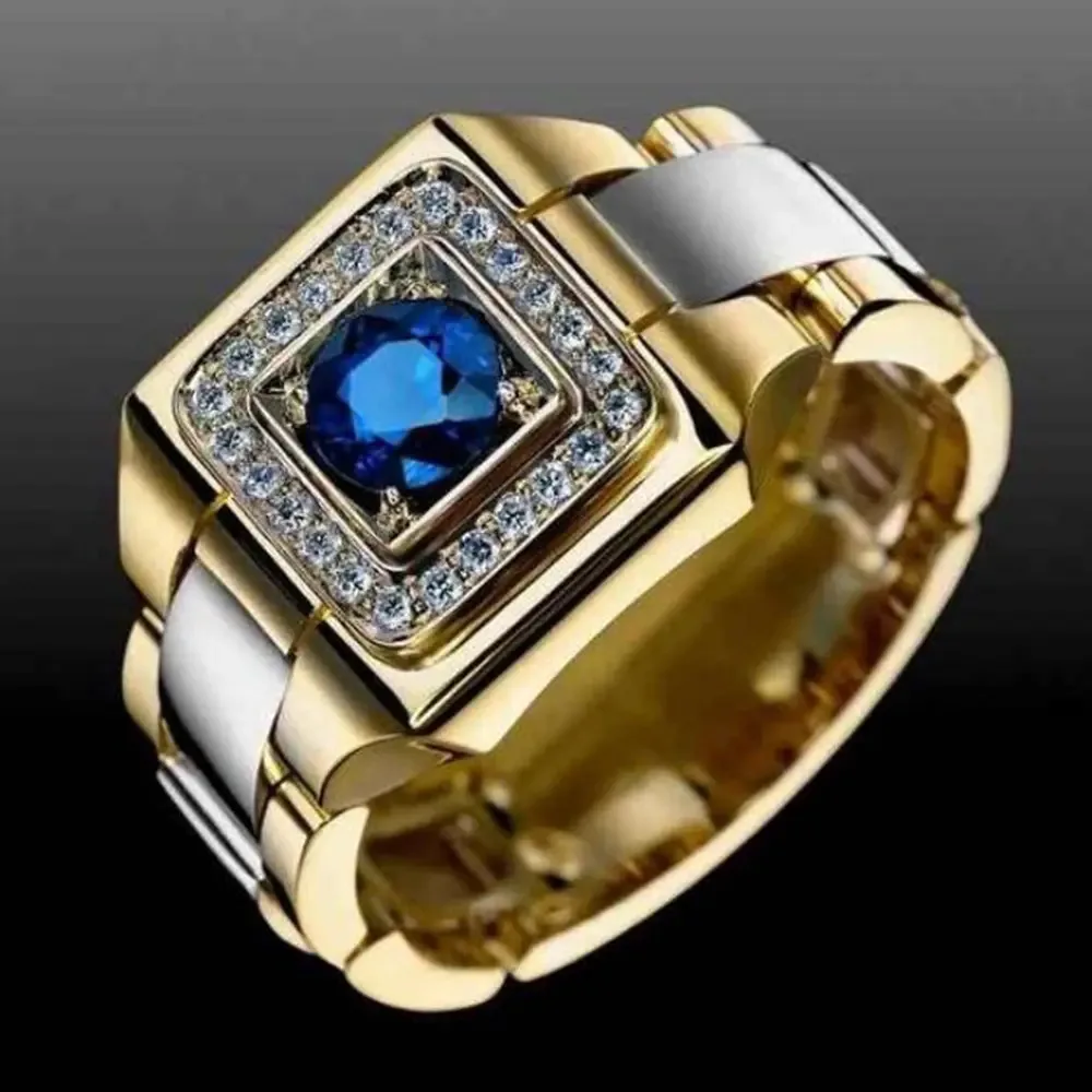 Anel de pedra preciosa azul para homens, cor real, ouro, dois tons, tamanho nº 8