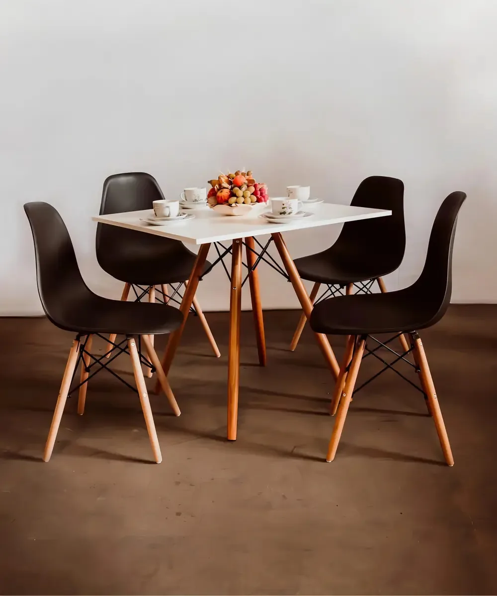 Mesa Eiffel Quadrada Branca 80cm + 04 Cadeiras Eiffel Preta