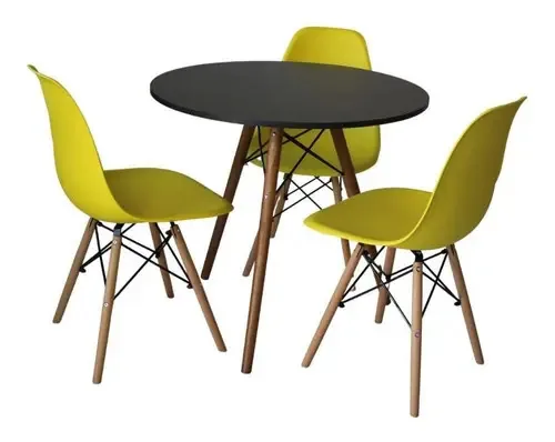 Mesa Eiffel Redonda Preta 80cm + 3 Cadeiras Eiffel Amarelas