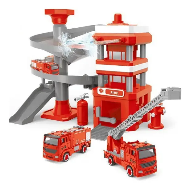 Pista de carros Fire Barracks com lançador de água vermelha