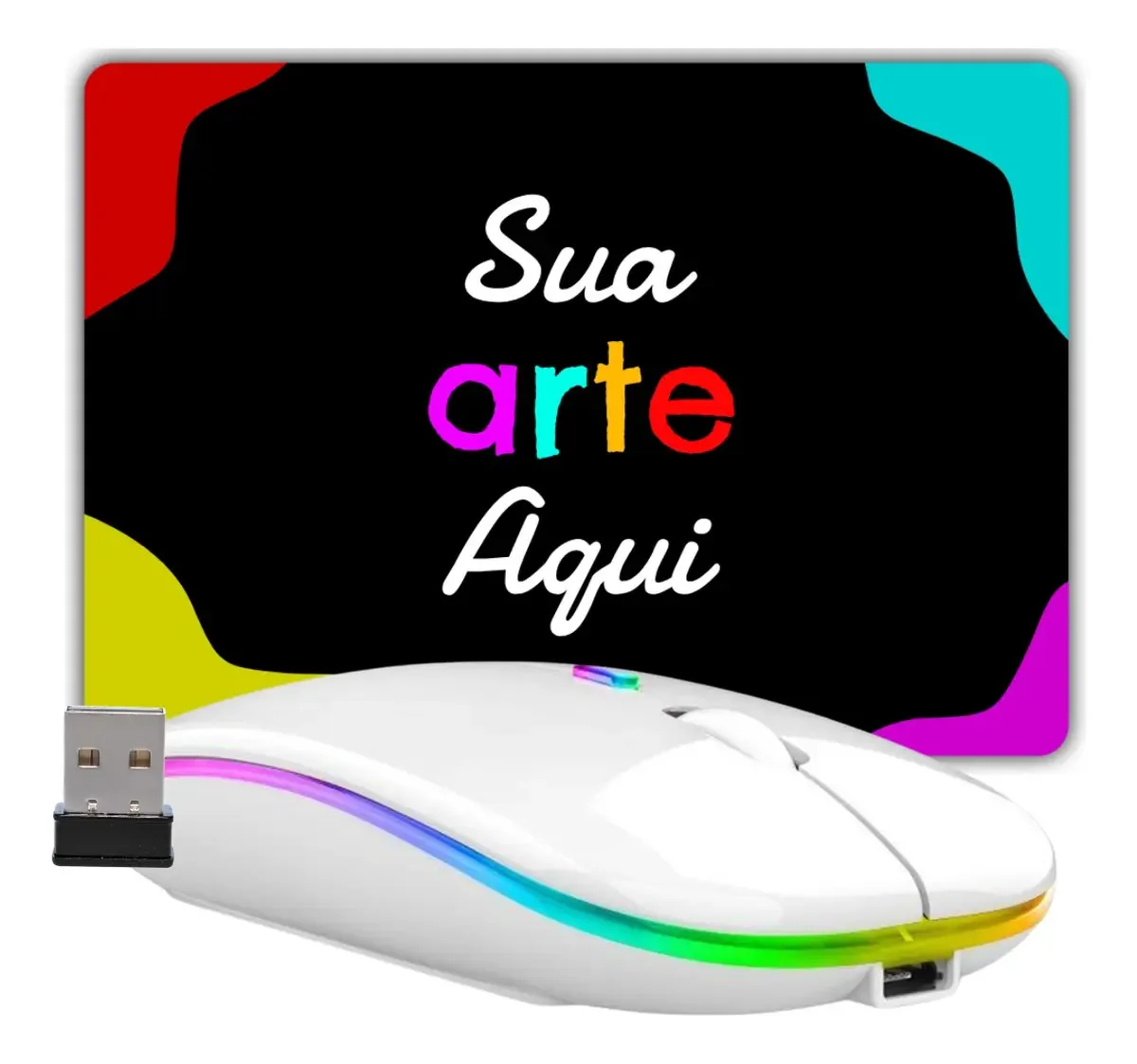Mouse Bluetooth E Wireless + Tapete De Mouse Personalizado Cor Branco