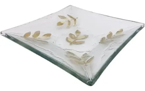 6 Pratos De Sobremesa Folha Dourada 20x20cm