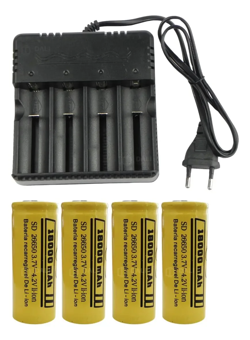 4 Baterias 26650 13800mah 4,2v Lanterna Tática + Carregador