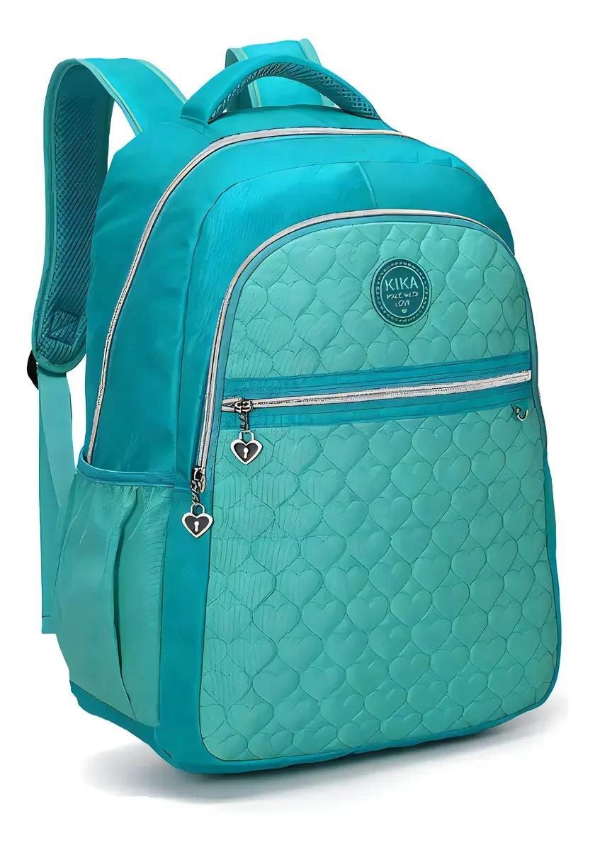 Mochila Escolar 360 ONLINE Kika Coração Compartimento Notebook Azul Turquesa