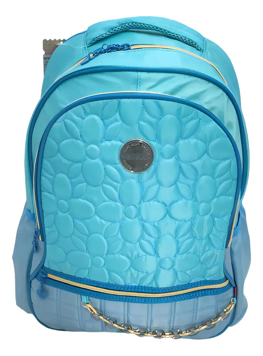 Mochila Escolar Feminina 360 Online KIKA Azul-turquesa Flor 43x33x16cm