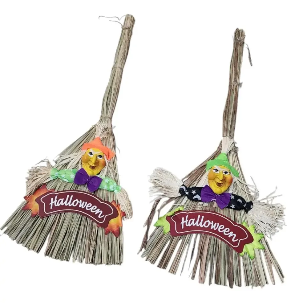 Pack com 2 Vassouras de Bruxa de Palha para Decoração de Halloween