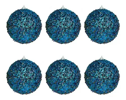 Jogo 6 Bolas Natalinas Azuis Com Lantejoulas Coloridas