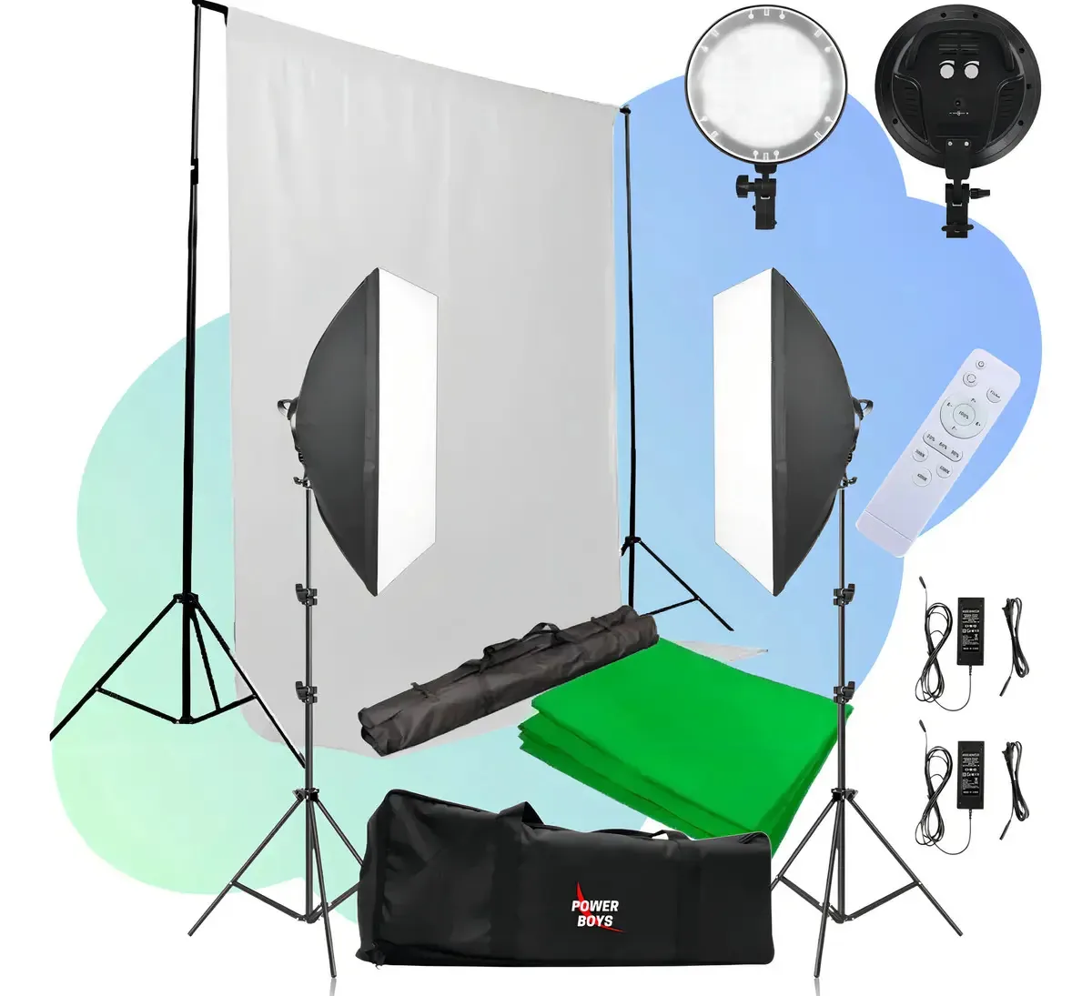 Powerboys Kit Iluminação Profissional 60W Softbox Duplo com Fundo Verde e Branco Chroma-key