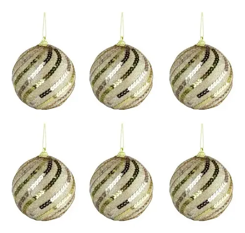 Bola De Natal Douradas Com Glitter E Lantejoulas 6 Pçs