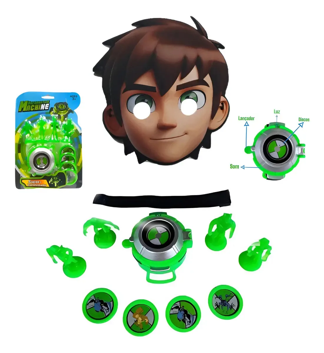 Kit Infantil Máscara Realista Ben 10 + Omnitrix Lança Disco Cor Tradicional