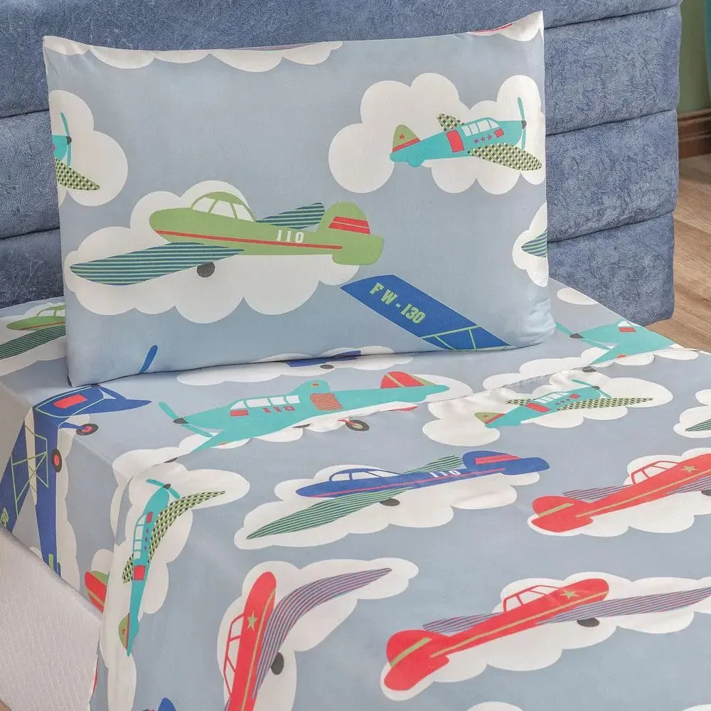 Jogo Cama Lençol Fantasy Solteiro Microfibra 3pçs Avião