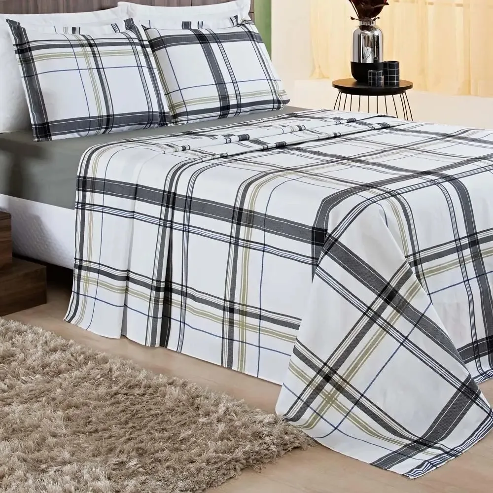 Jogo Cama Lençol Casal Estampa 4pçs Cinza Xadrez Positano