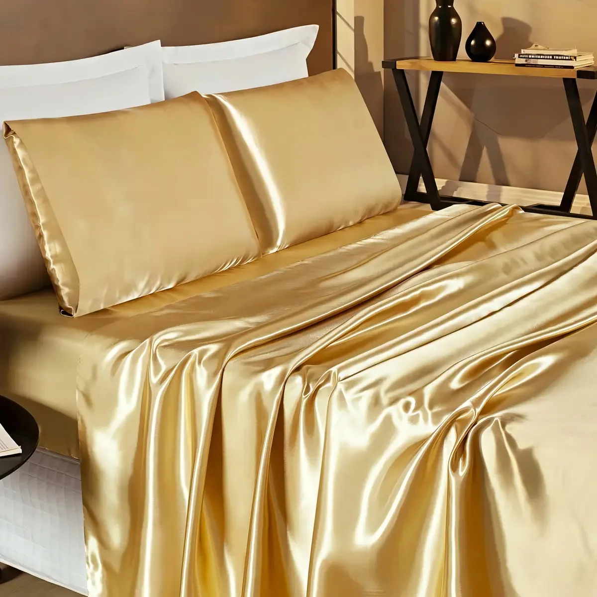 Jogo Cama Lençol Monza Casal Cetim Brilhante 4pçs Dourado