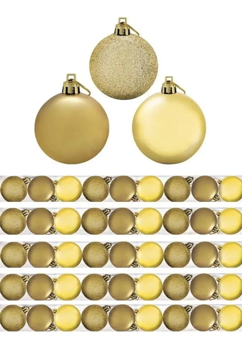 Kit 45 Bolas Natal Mista Gliter, Fosca E Brilho Dourada 6cm