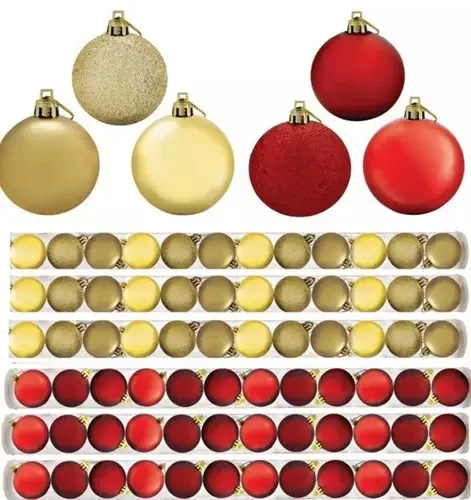 Kit 72 Bolas De Natal Decoradas Mista Dourado E Vermelho 6cm