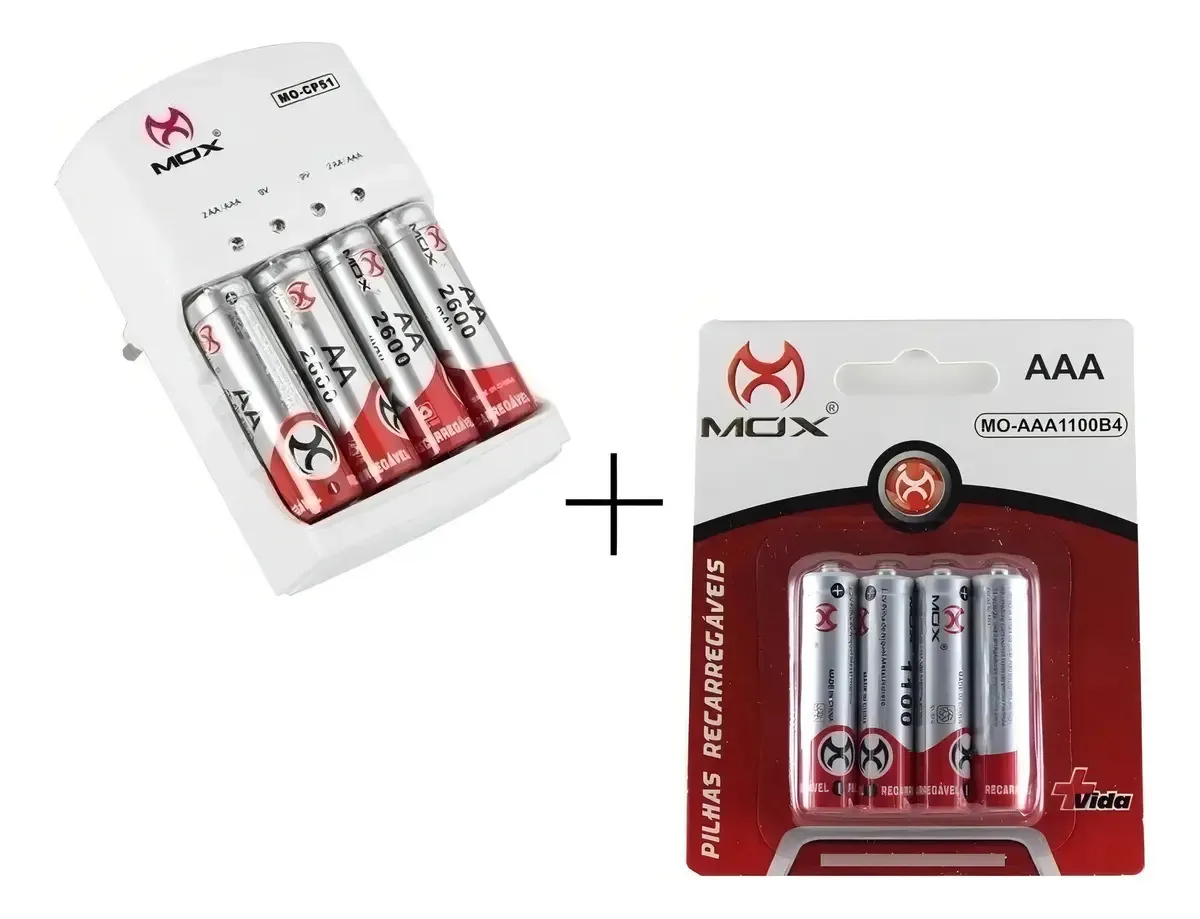 Carregador Com 4 Pilhas Aa E 4 Pilhas Aaa Recarregável Mox