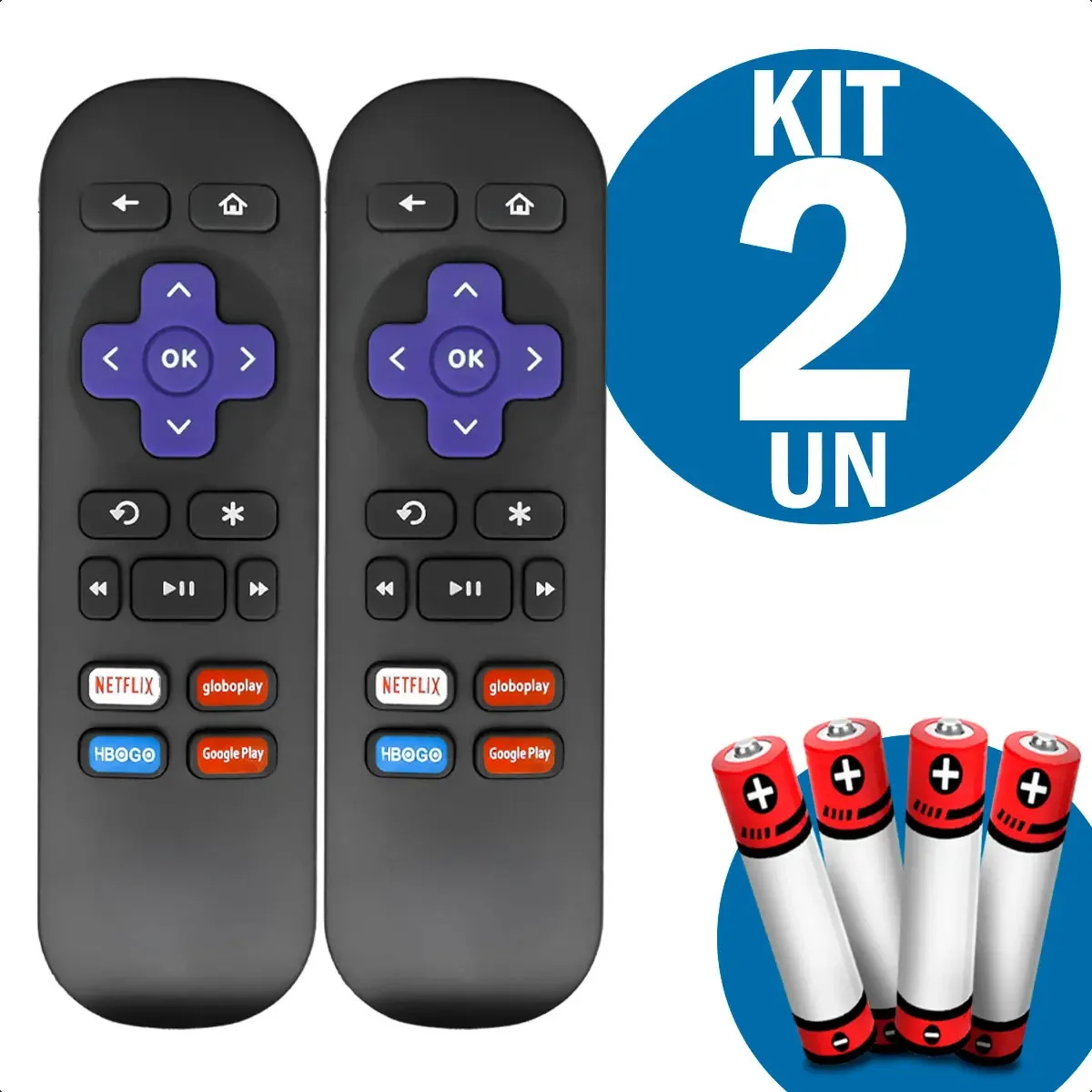 Kit 2 Controles Remotos para TV AOC Roku Express Netflix Globoplay HBO Pilhas