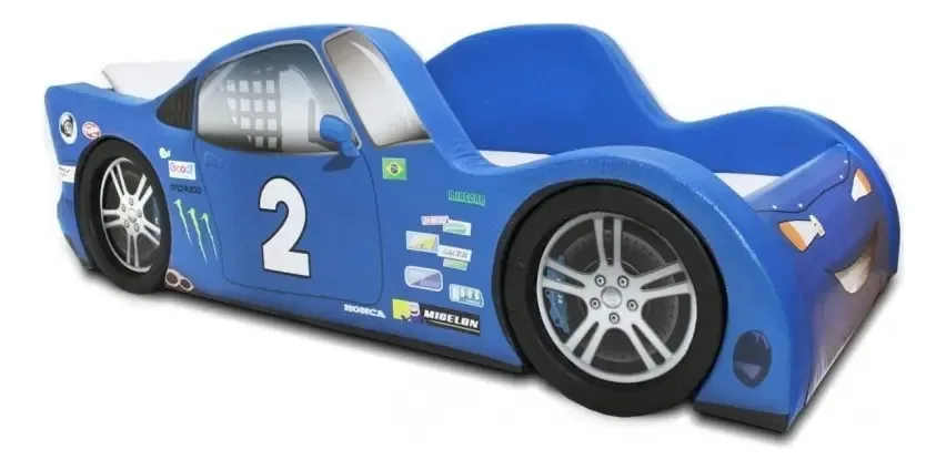 Cama Carro Z9 - Solteiro - Estofada - Pneus Embutidos Cor Azul