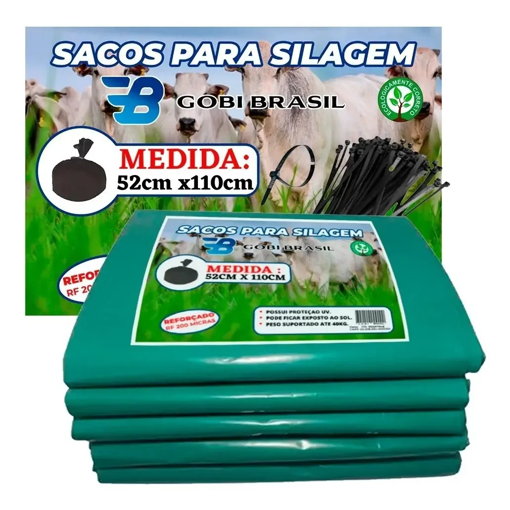 50un Saco Para Silagem 52x110 200micras + 50 Abraçadeiras Cor Verde