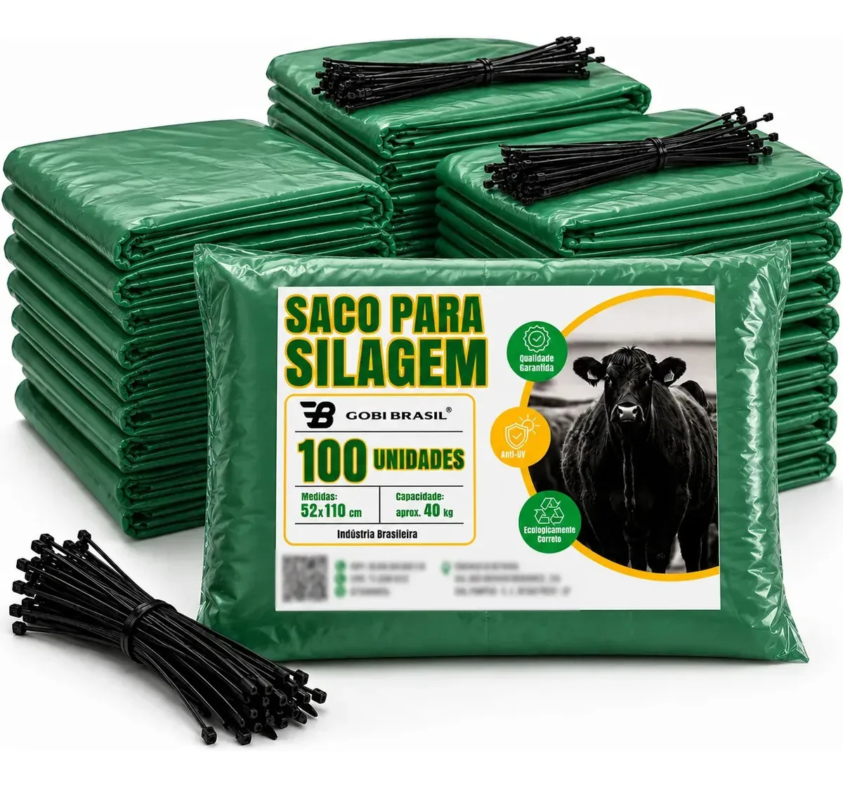 100 Sacos Para Silagem Verde + 100 Abraçadeiras Saco Para Silo Lona Para Silo 200 Micras - Gobi Brasil