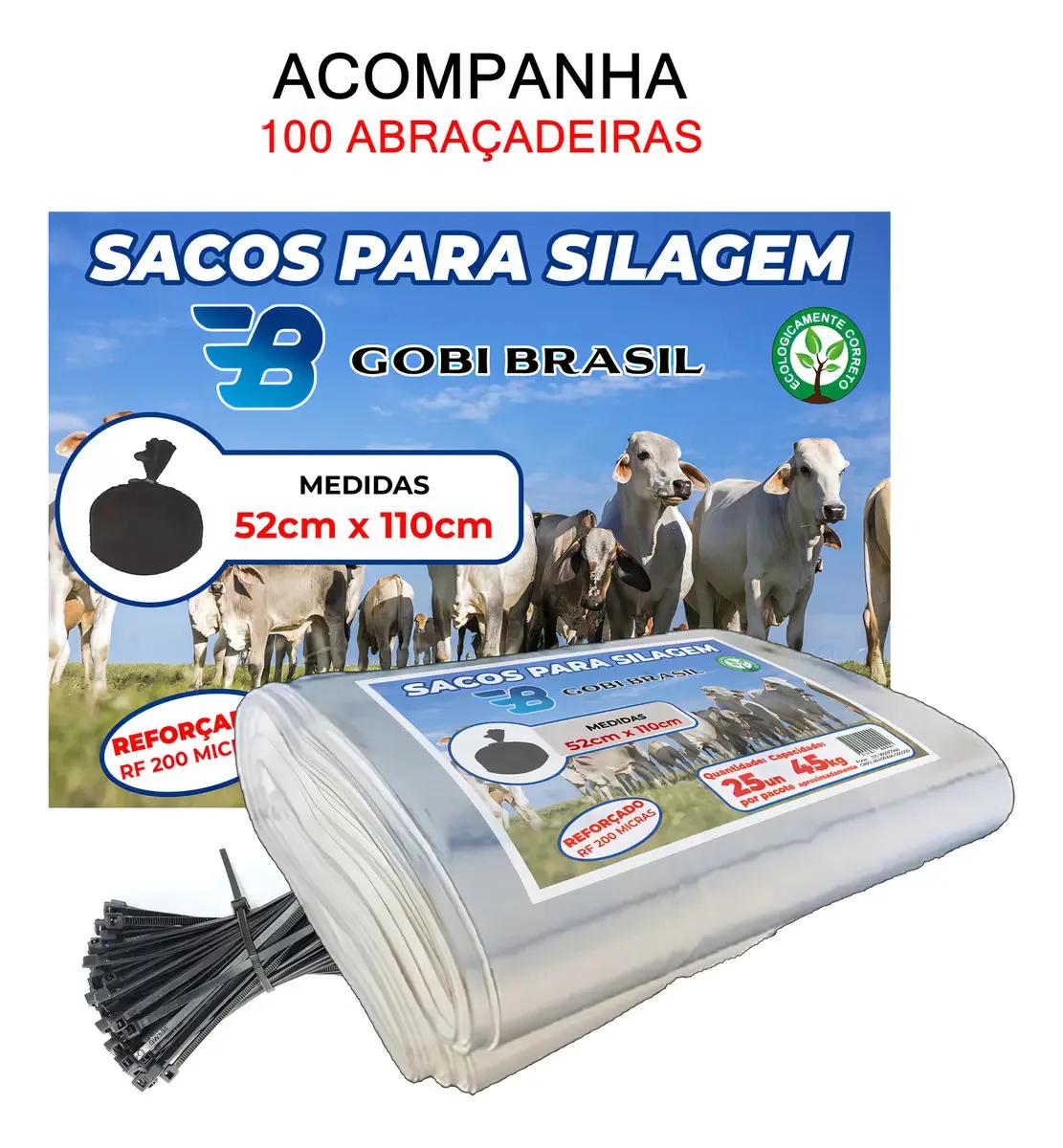 Saco De Silagem Branco 100 Unidades 51x110 Com 100 Abraçadeira