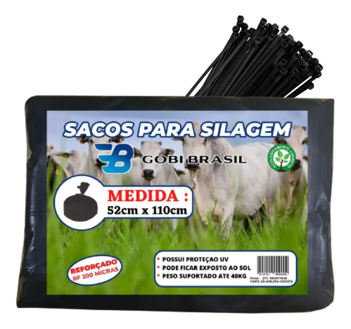 500un Saco Para Silagem 52x110 200micras + 500 Abraçadeiras Cor Preto