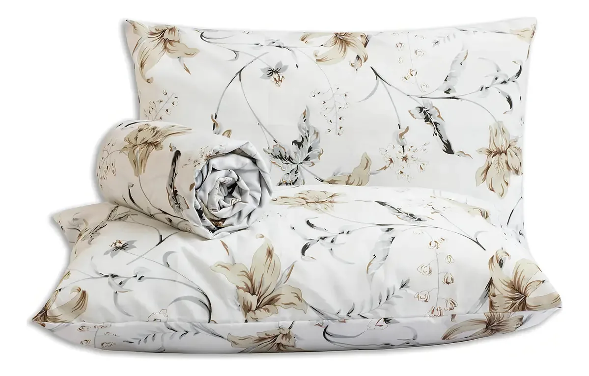 Roupa Cama Queen Estampa Da Moda 3pç - Atenas Floral Cáqui