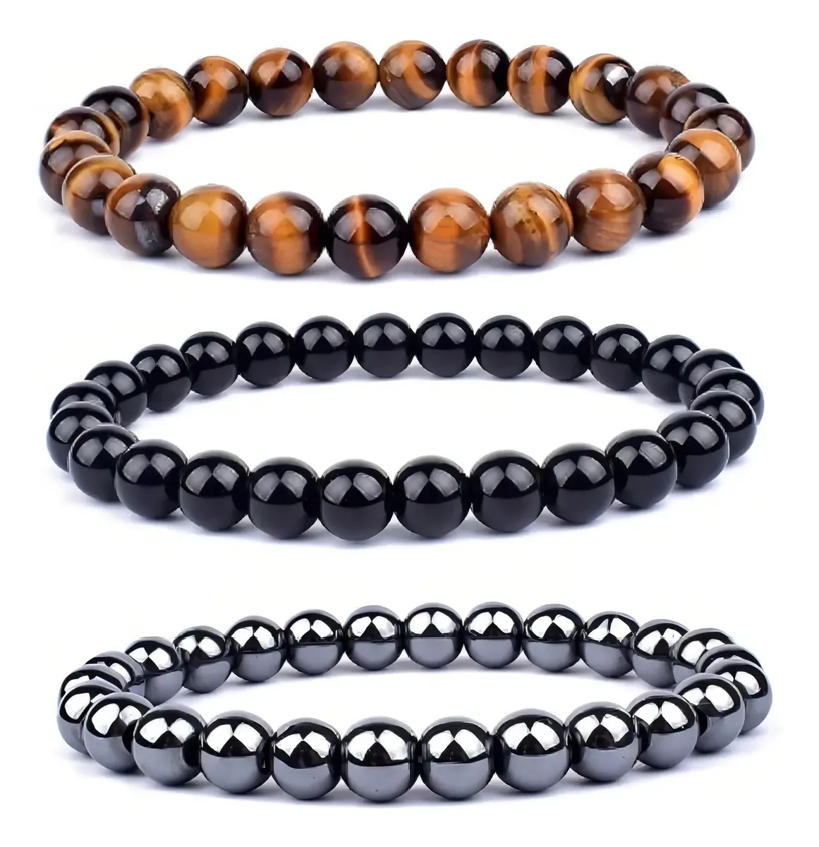 3 Pulseiras Hematita Olho De Tigre Onix - Proteção Diâmetro 19 Cm