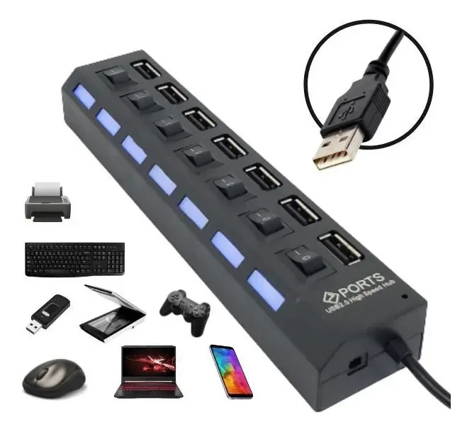 Adaptador Extensor Hub Usb 7 Portas Para Pc Computador