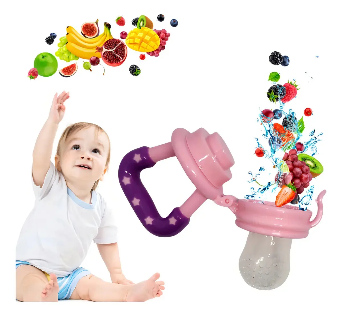 Chupeta Alimentadora Silicone Art Baby Rosa Mordedor Porta Frutas