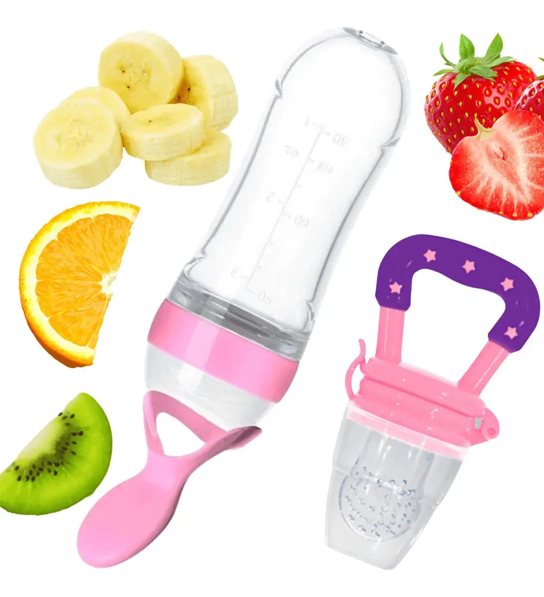 Kit Colher Dosadora Rosa e Chupeta Alimentadora Silicone Cefisa Bebê