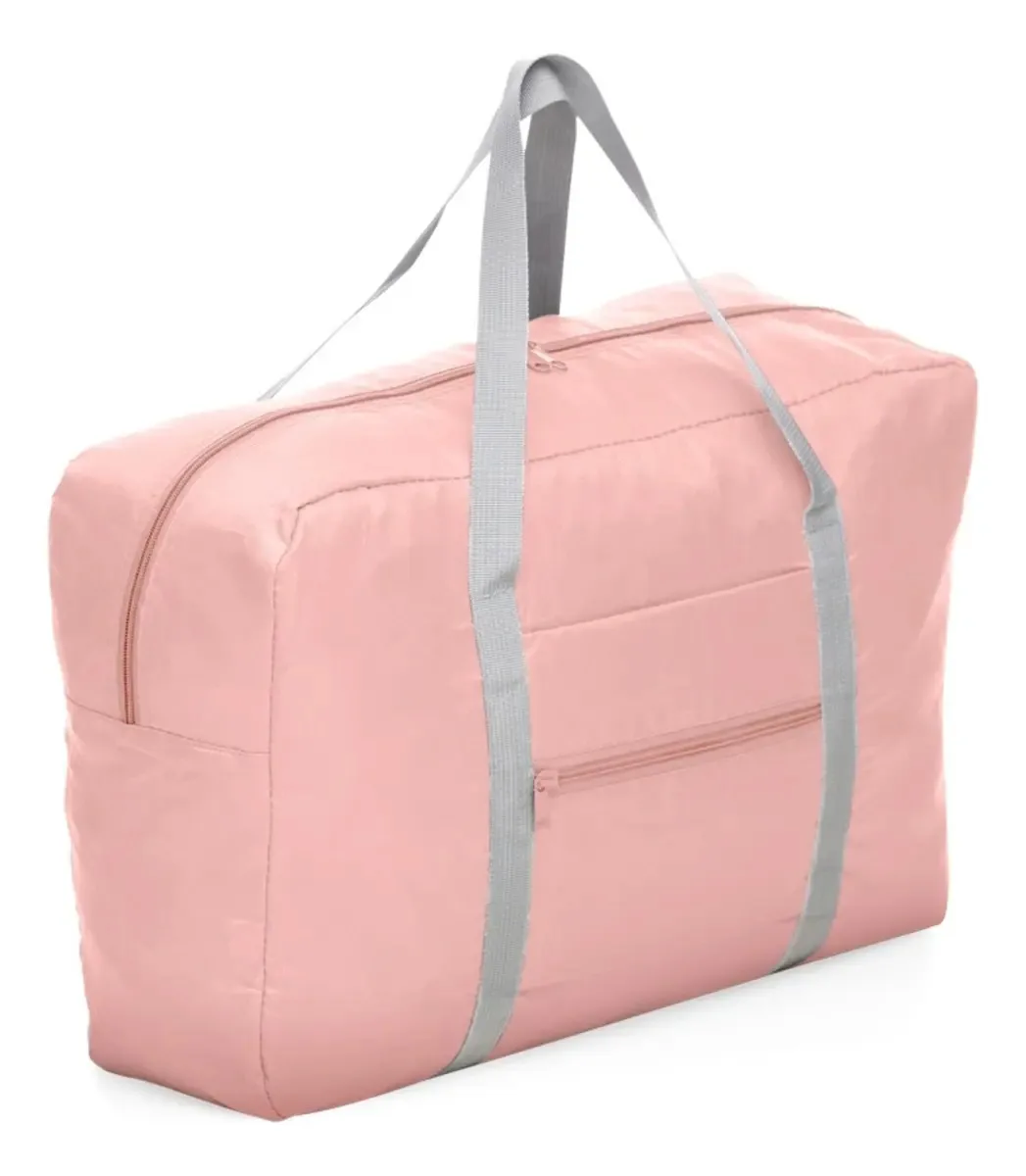 Bolsa De Viagem Dobrável Em Poliéster E Nylon Cor Rosa Liso