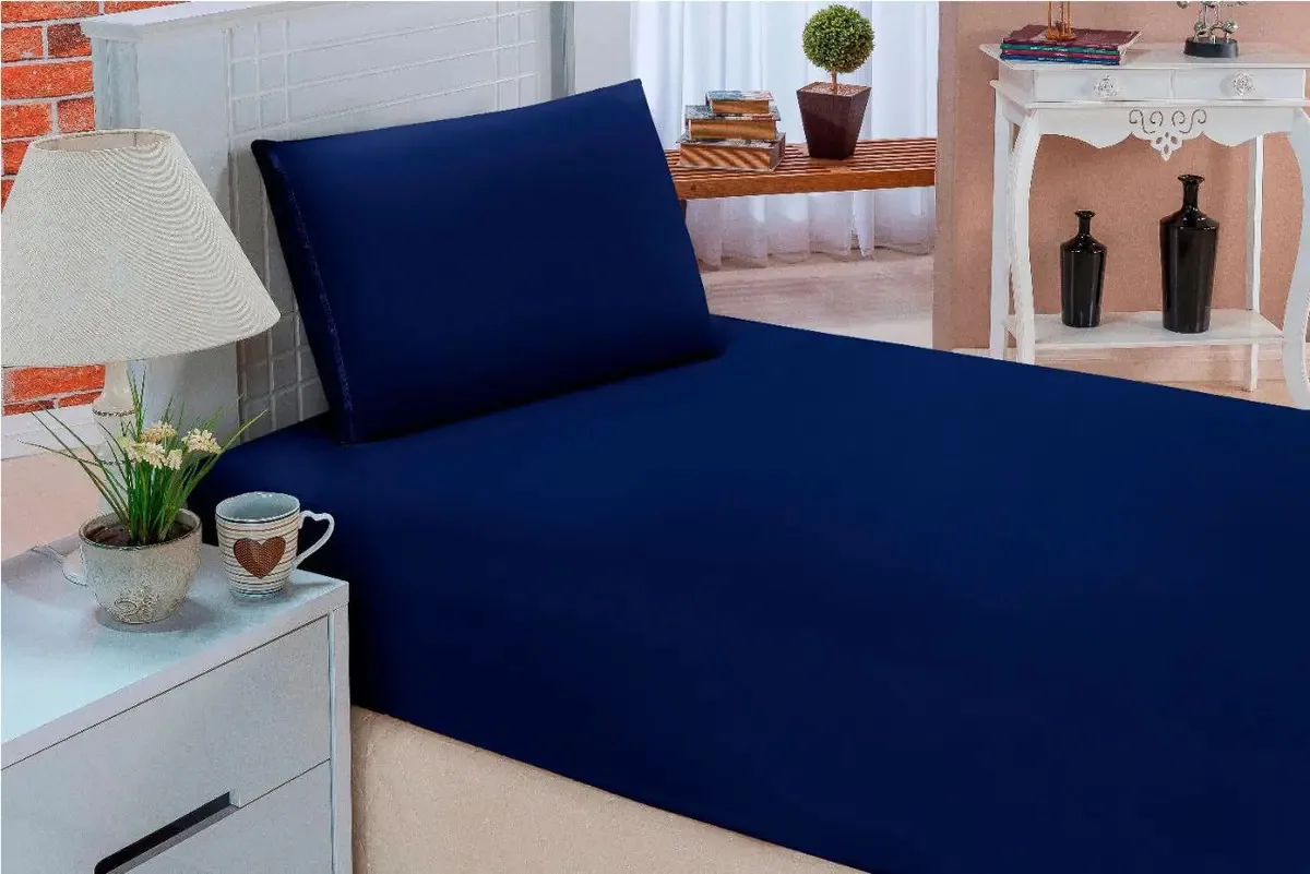 Jogo Cama Lençol Solteiro Box 190x090 +fronhas Azul Marinho