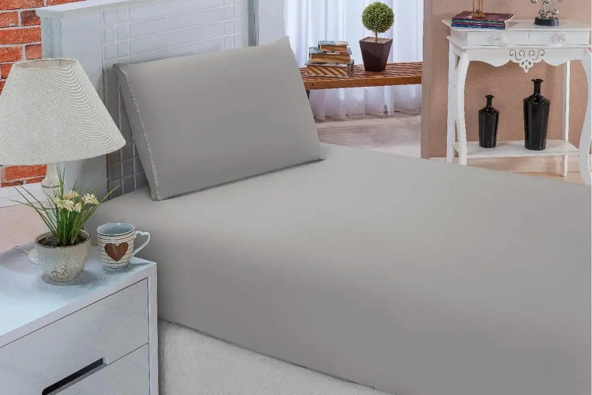 Jogo Cama Lençol Com Elástico E Fronhas Solteiro Box Cinza