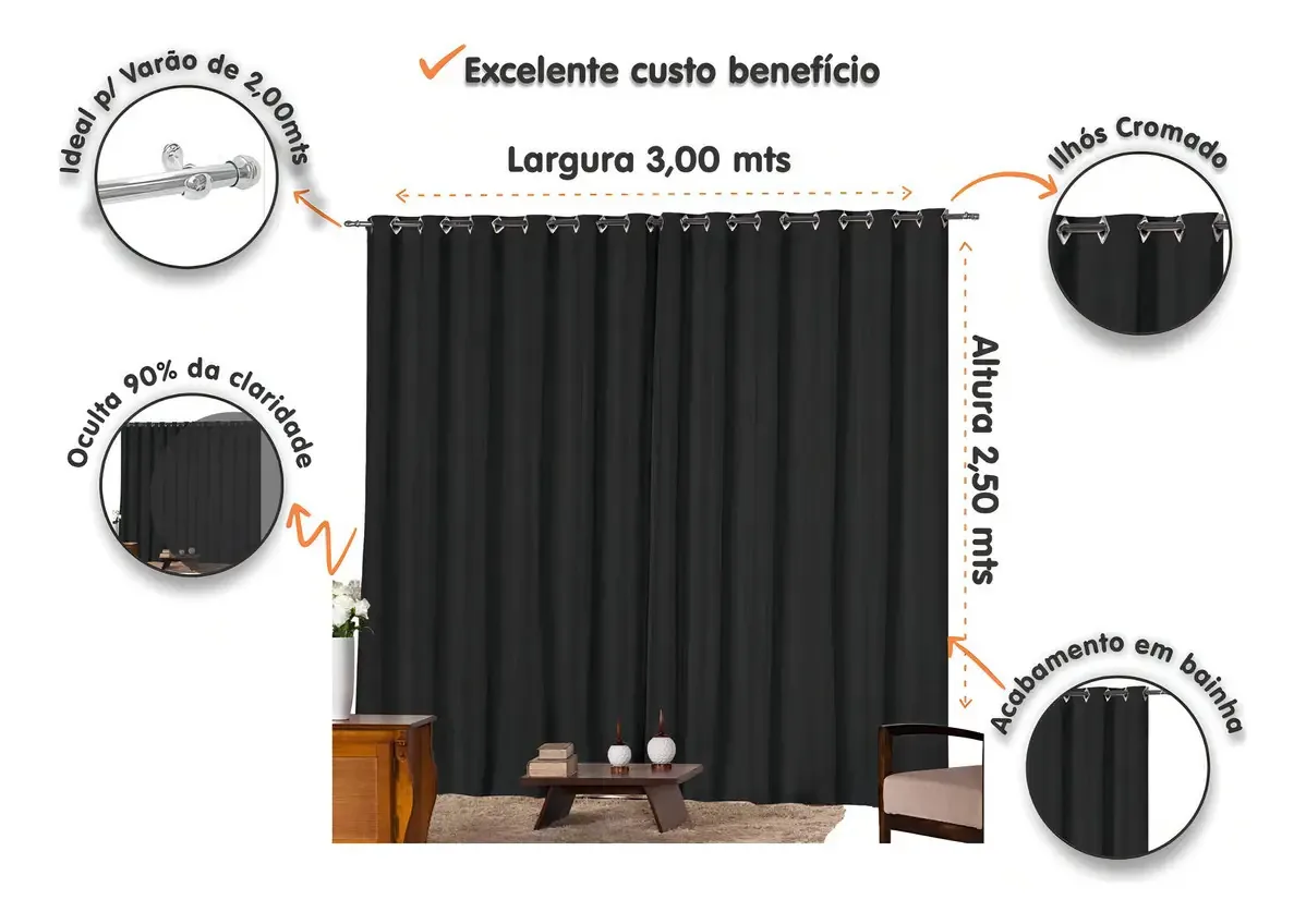 Cortina Blackout Tecido Blecaute 3,00 X 2,50 Preto