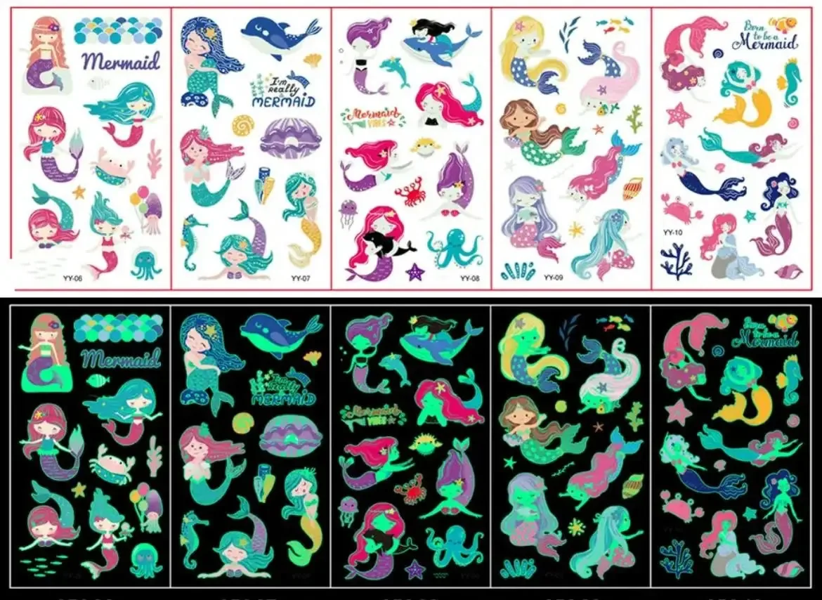5 Folhas Tatuagens Infantil Brilha No Escuro - Lembrancinhas Cor Coloridas Sereias
