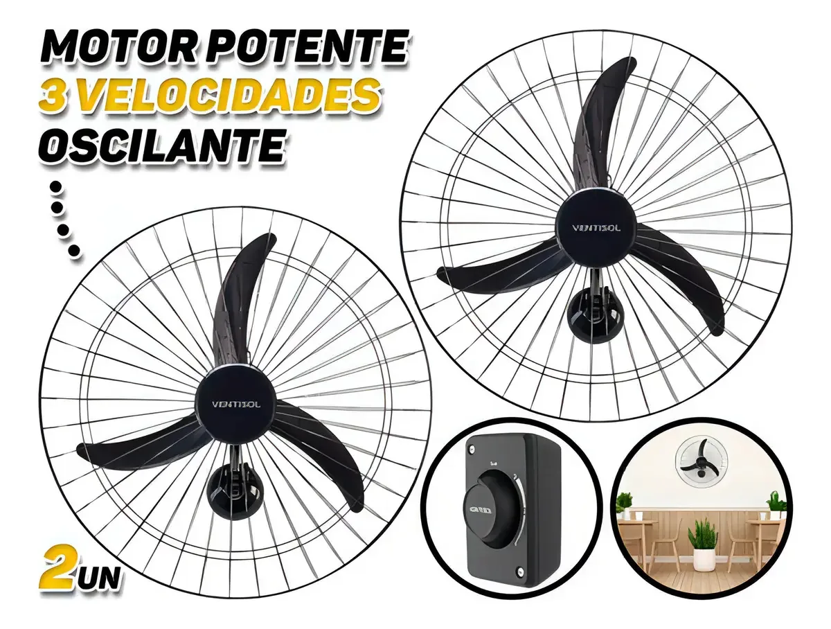 Pack 2 Ventiladores de Parede Industriais 60 cm Silenciosos Pretos