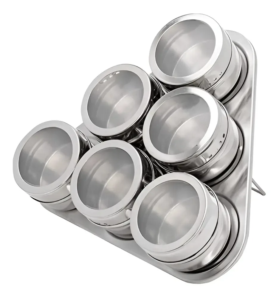 Porta-Temperos Magnético Caerus Inox 6 Potes Geladeira Prateado