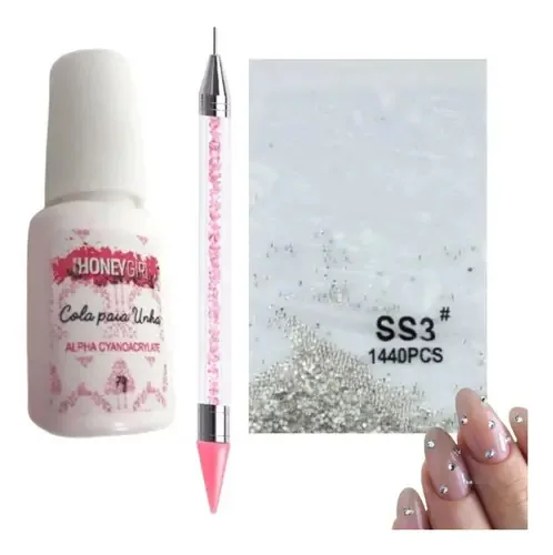 Kit Cola De Unhas + Strass Para Decoração + Caneta Nail Art