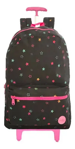 Mochila Grande Meninas Rodinhas Infantil Estrelinhas Escolar Cor Preto-Rosa Desenho do tecido Lisa
