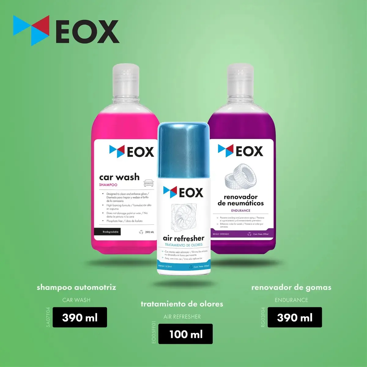 Kit de shampoo para carro + purificador de ar + renovador de pneus Eox