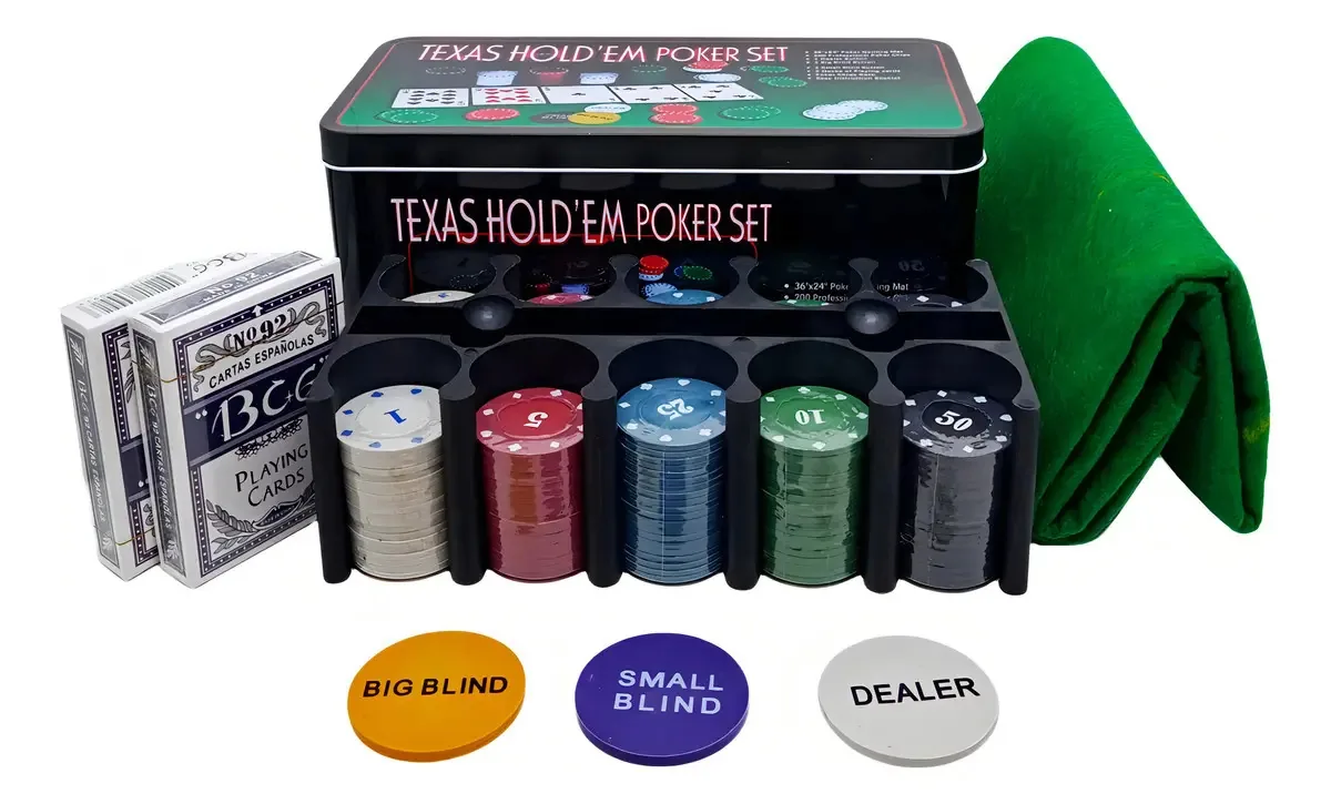 Jogo De Poker Completo 200 Peças Texas Caixa Metal 2 Baralhos Tapete