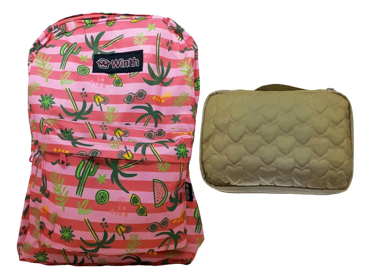 Kit Material Escolar Feminino Mochila Estampada Rosa Estojo
