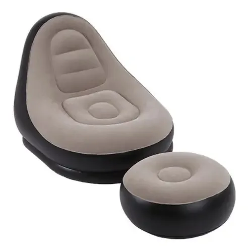 Sofá Preguiçoso Inflável Aveludado Pvc Com Chaise Puff Cor Marrom E Preto