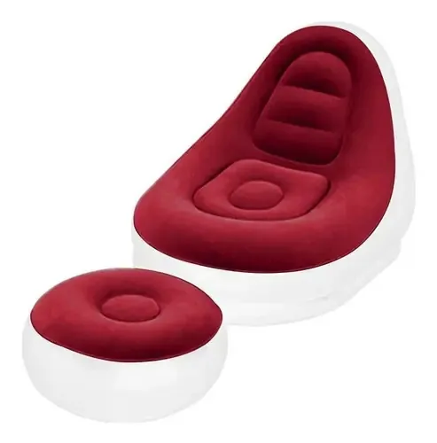 Sofá Preguiçoso Inflável Aveludado Pvc Com Chaise Puff Cor Vermelho E Branco