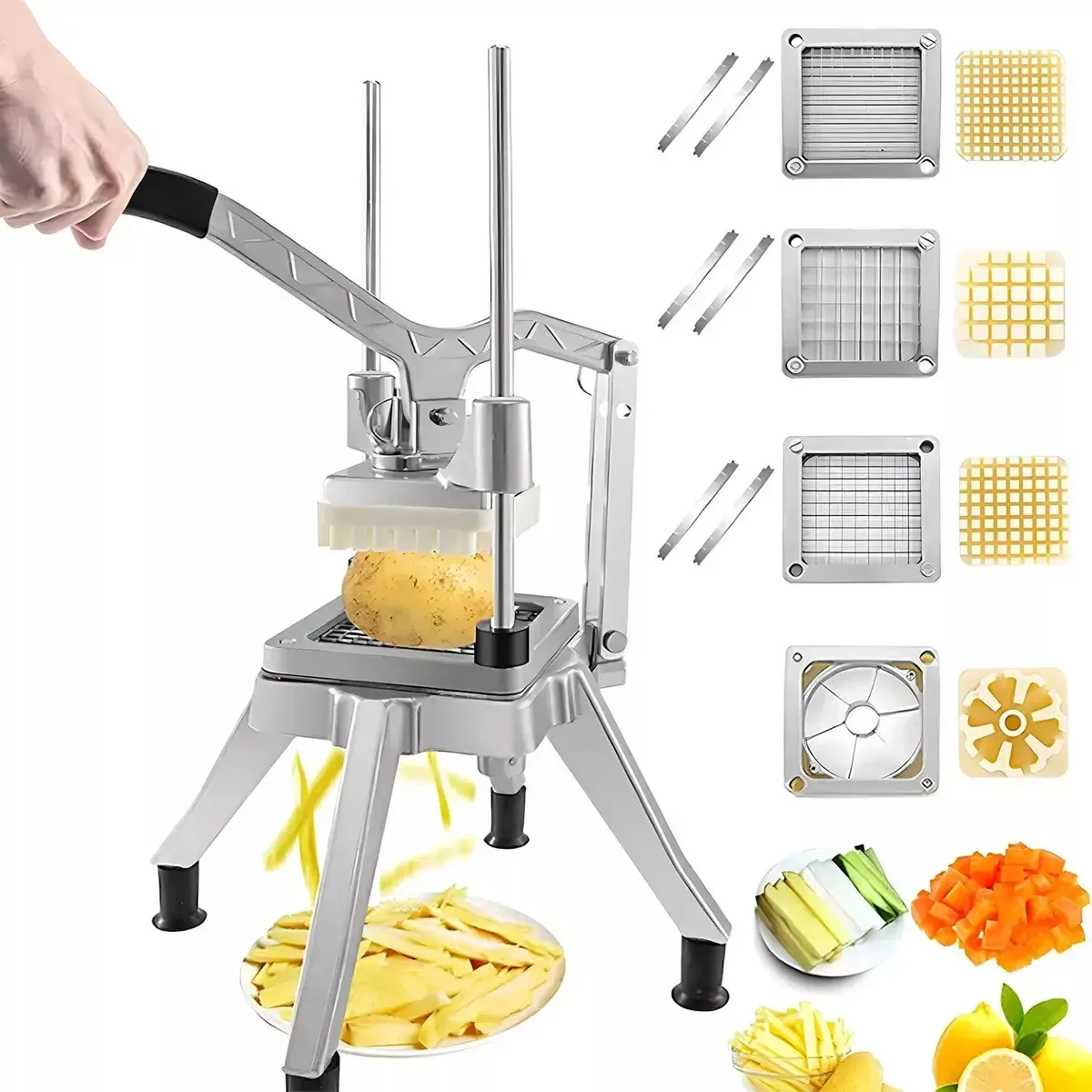 Kit de corte de batata 4ace Moulds, picador de frutas e vegetais, cortador e triturador comercial com luvas de liga de alumínio, cortador para batatas fritas/saladas/restaurante/prata familiar