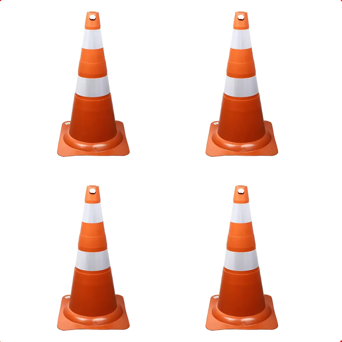 Kit 4 Cones de Sinalização 75cm Flexíveis Laranja Branco PVC com Fitas Refletivas